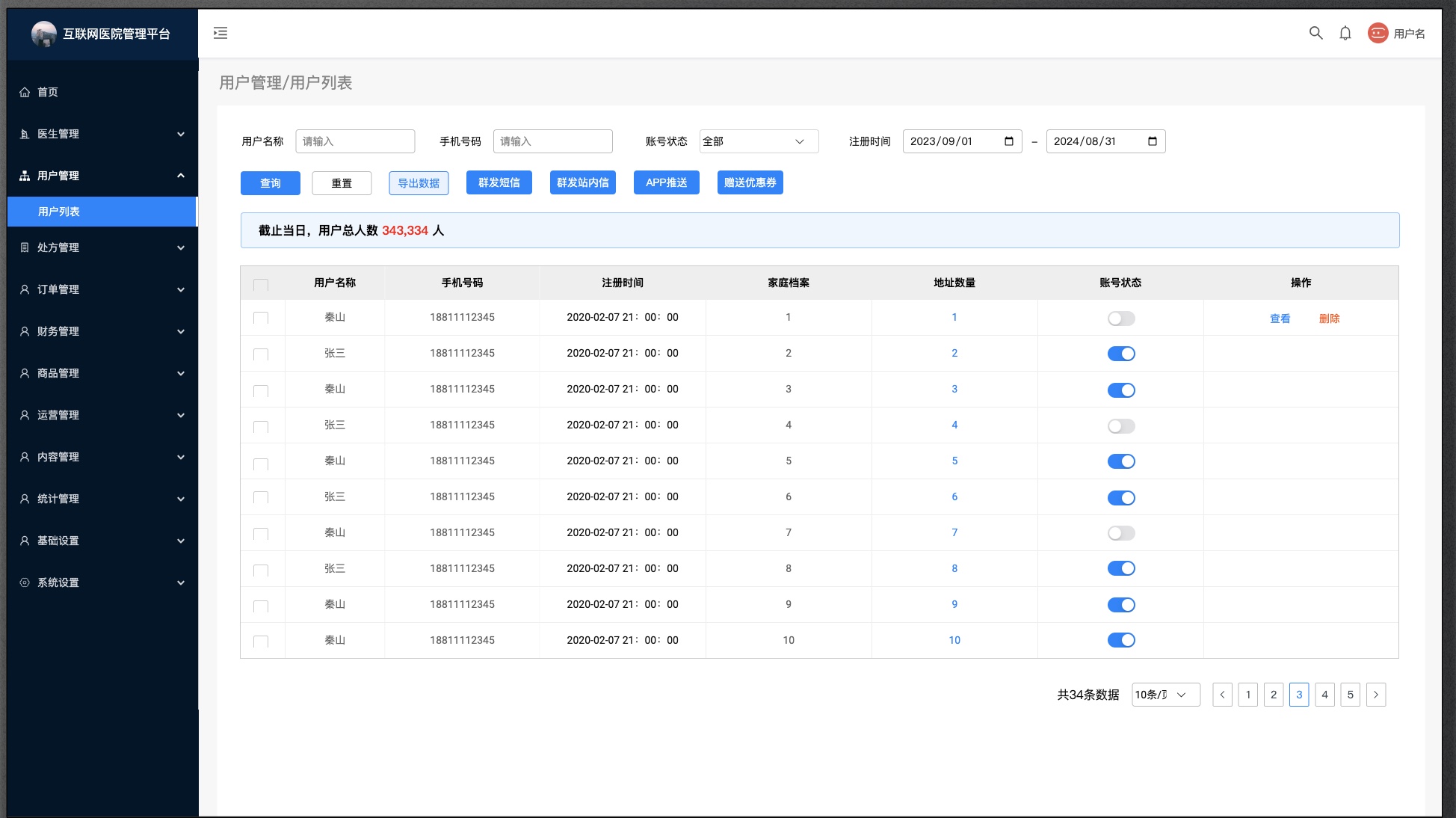 医院后台管理原型用户管理页