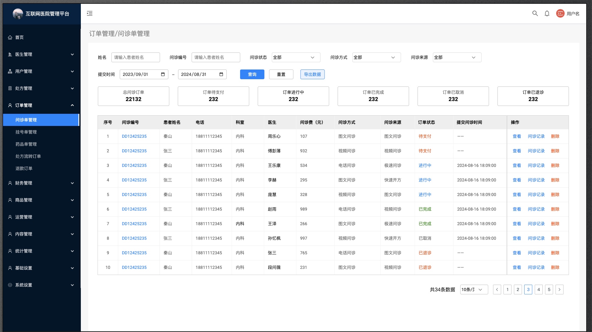 医院后台管理原型订单管理页